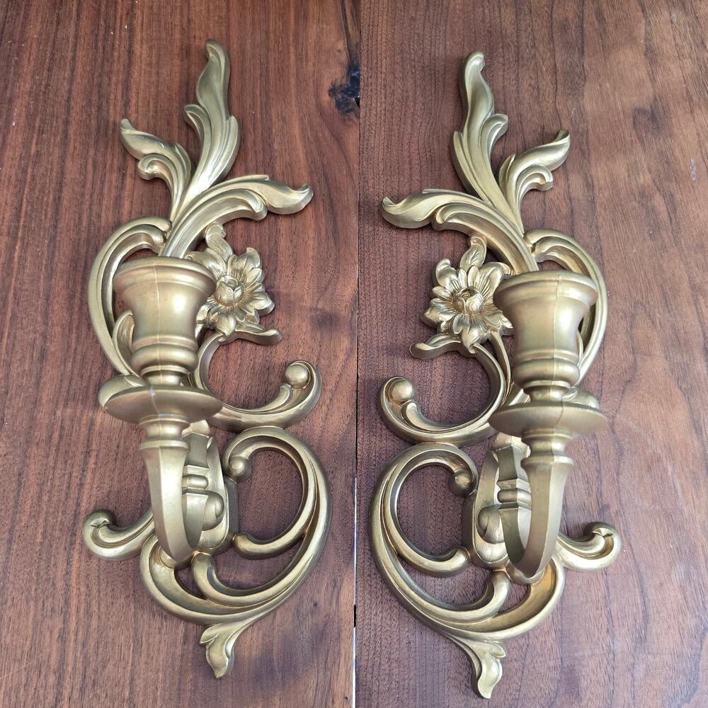 Vintage Syroco Wall Candle Sconce Pair Gold Rococo Hollywood Regency USA MCM